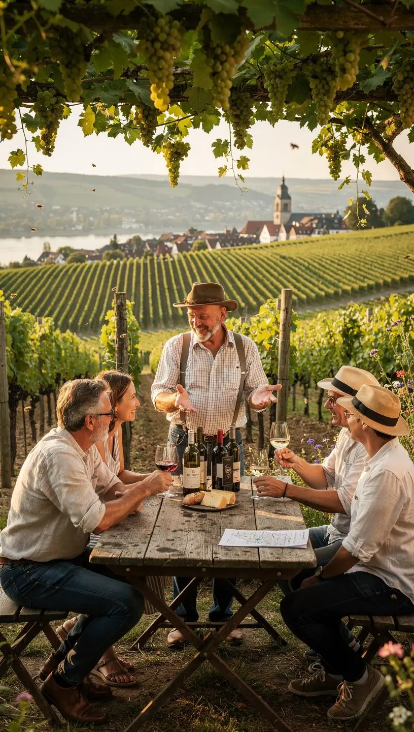 Eine Gruppe von Reisenden, die an einem Informationspunkt für strukturierte Reiserouten in Deutschland stehen und Karten studieren.